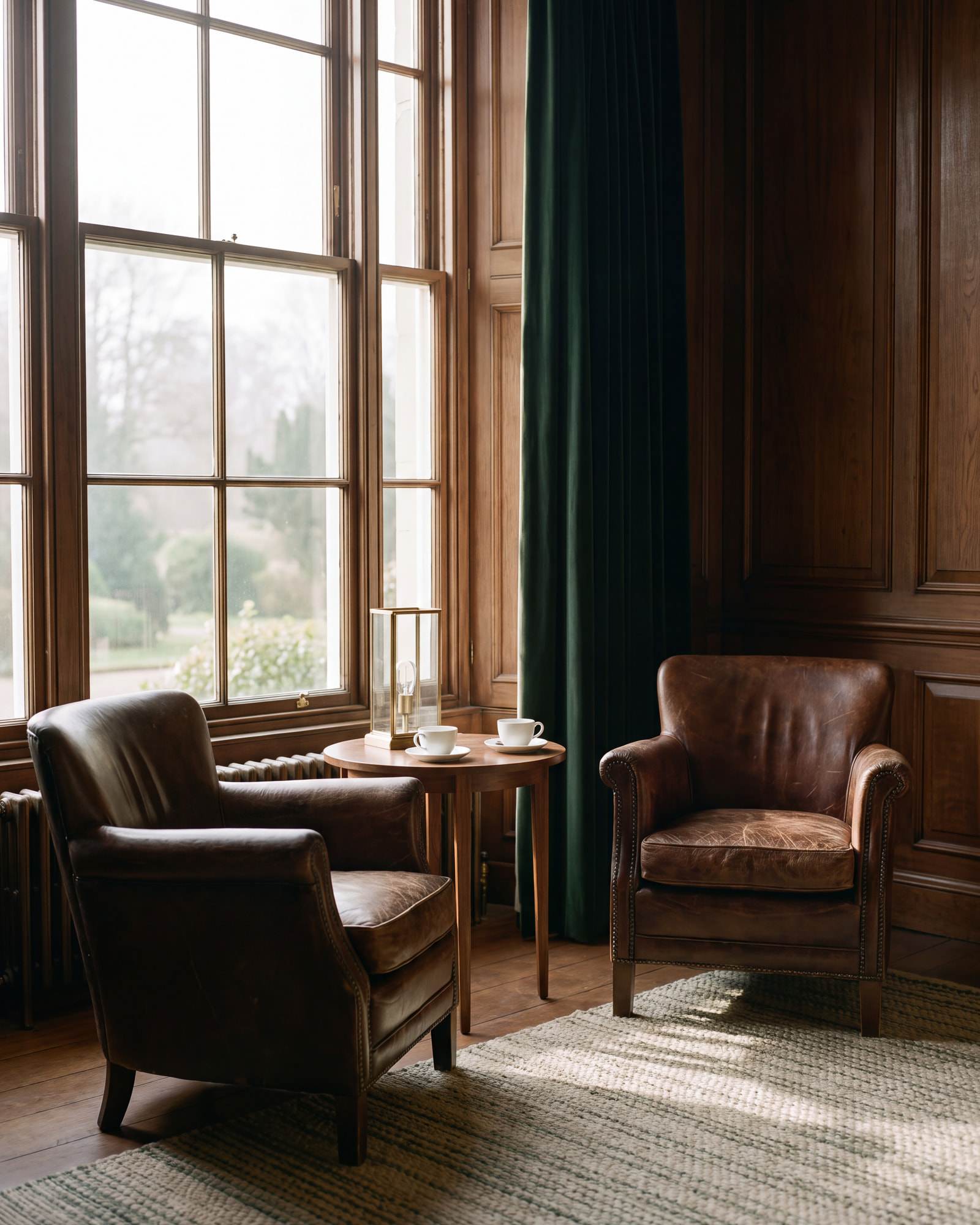 Two leather armchairs angled toward each other beside a tall window, with coffee set out on a small table.
