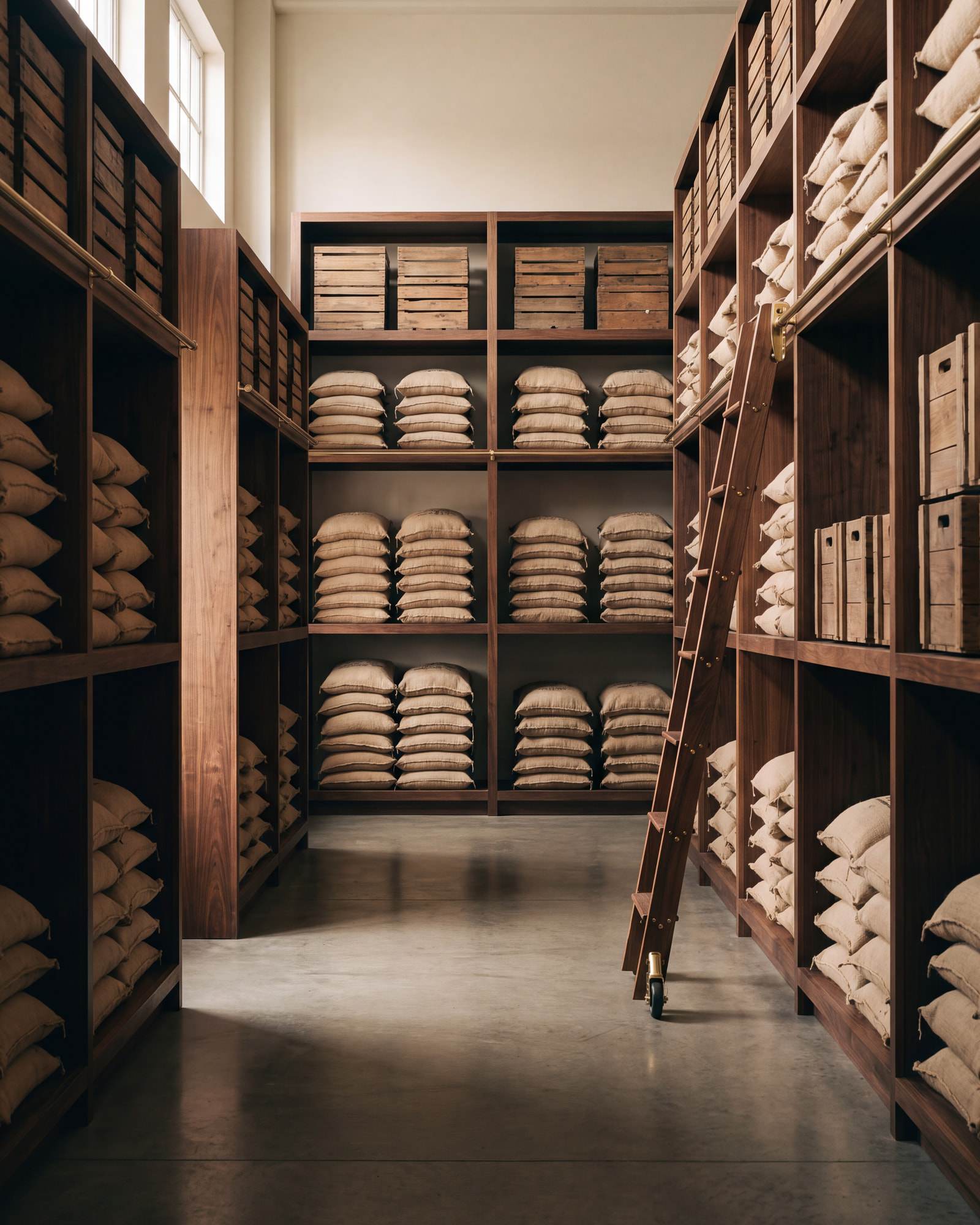 An orderly warehouse aisle of walnut shelving stacked with burlap sacks and wooden crates in soft morning light.