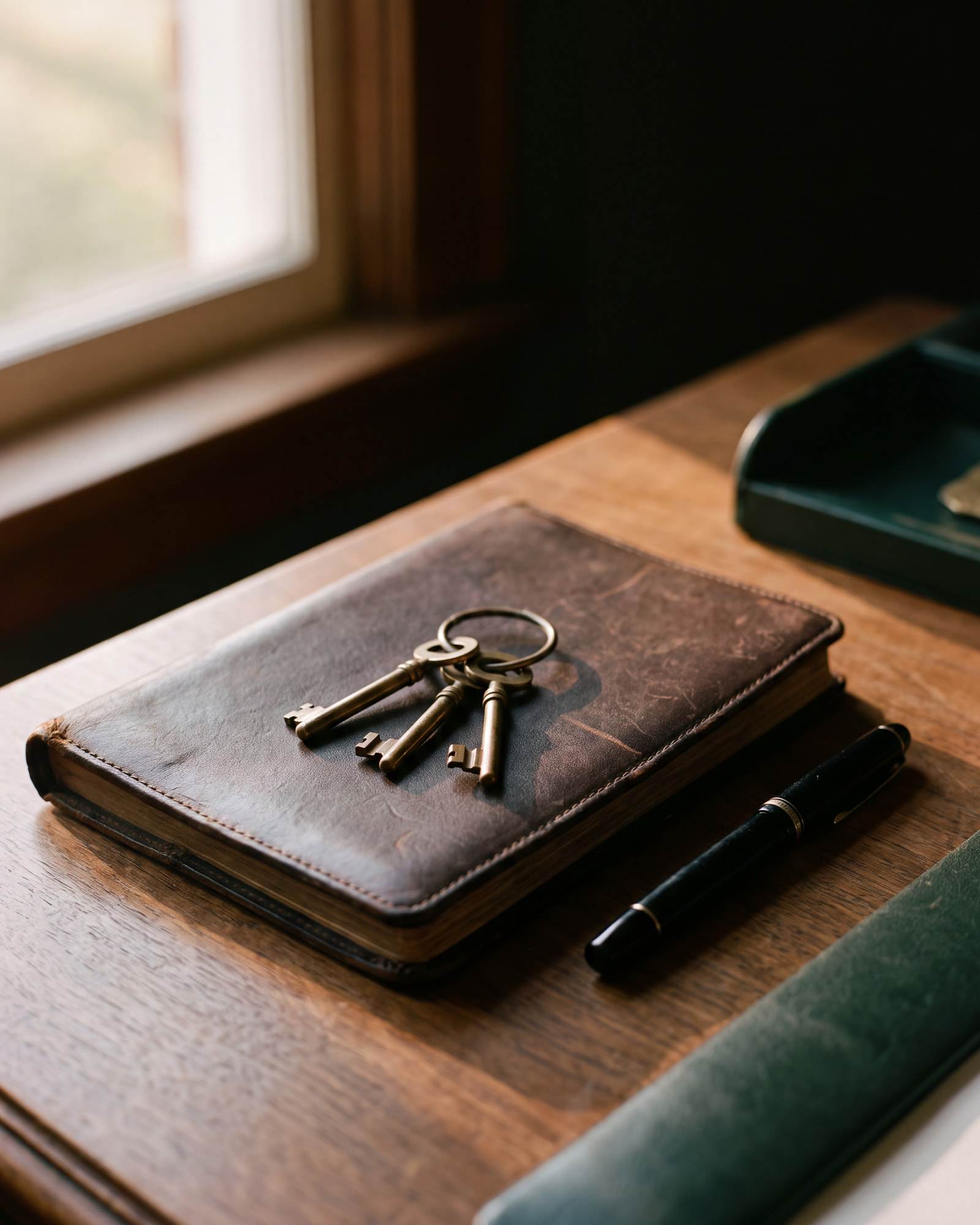 Brass keys resting on a worn leather portfolio beside a fountain pen on a walnut desk.